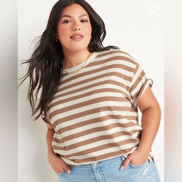 NWT Old Navy Plus Size Curvy Striped Brown White Short Sleeve T-Shirt- Size XXLT - Picture 1 of 8